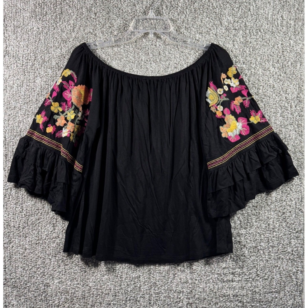 Altar'd State Floral Embroidered Blouse Off Shoulder Black Ruffle Top Women S
